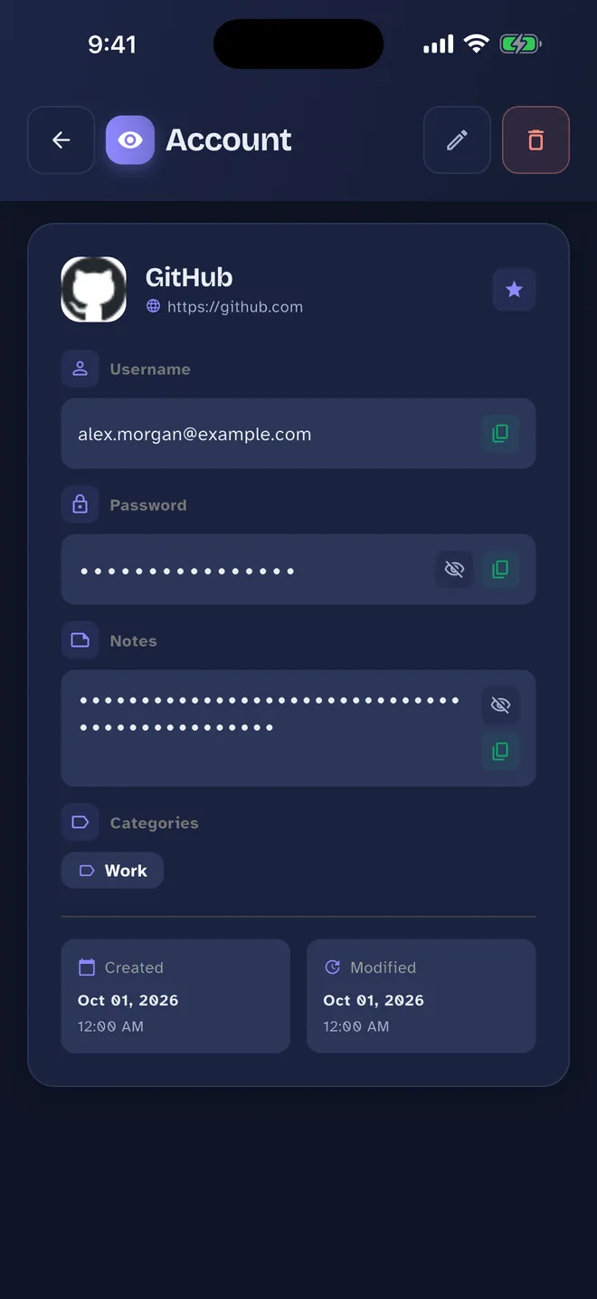 One Pass Account details screen: Username, password and notes, each a tap from your clipboard