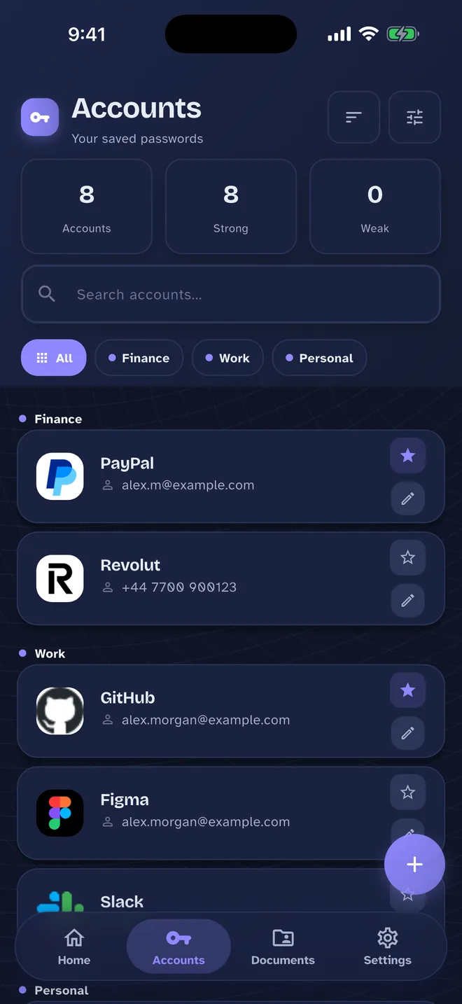 One Pass Accounts screen: Every login, grouped by category and searchable