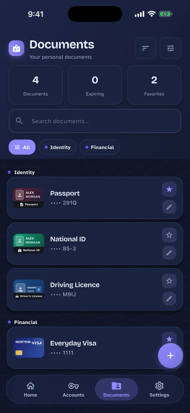 One Pass Documents screen: Identity and financial documents, sorted and searchable