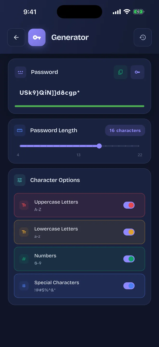 One Pass Generator screen: Choose the length (4–22) and the characters to use
