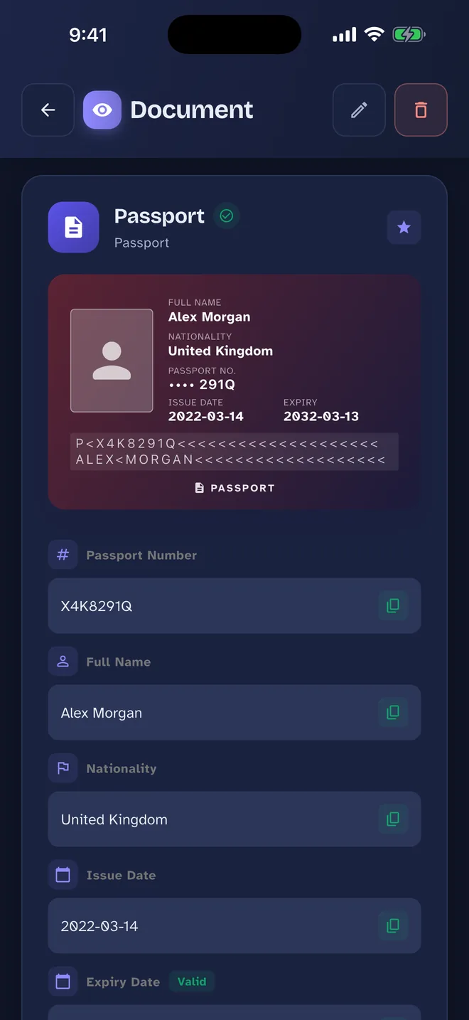 One Pass Passport screen: Drawn like the real one, with every field ready to copy