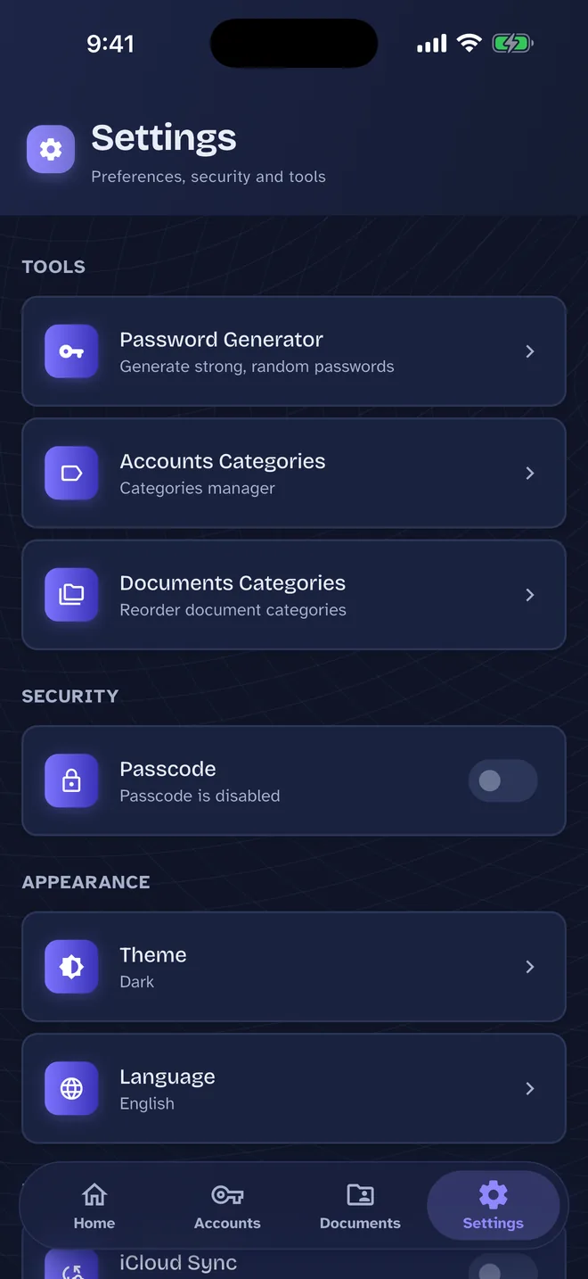 One Pass Settings screen: Passcode, theme, language and your tools