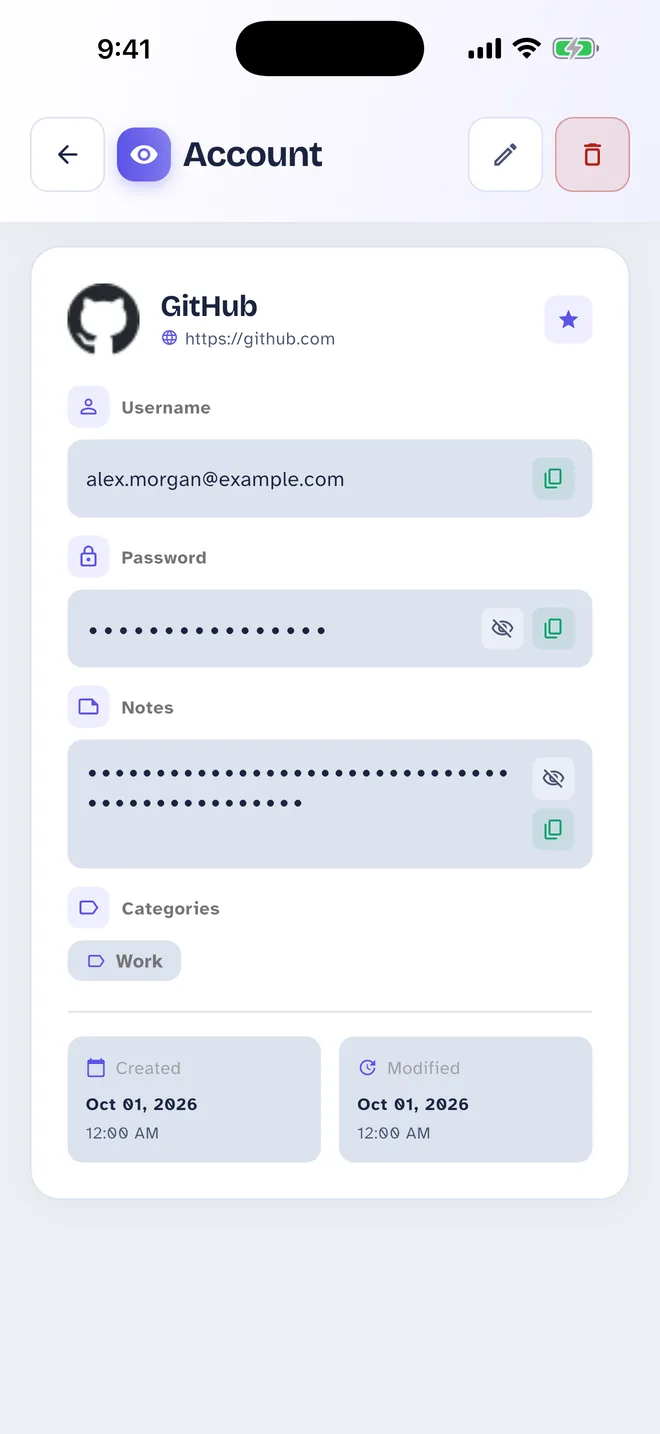 One Pass Account details screen: Username, password and notes, each a tap from your clipboard
