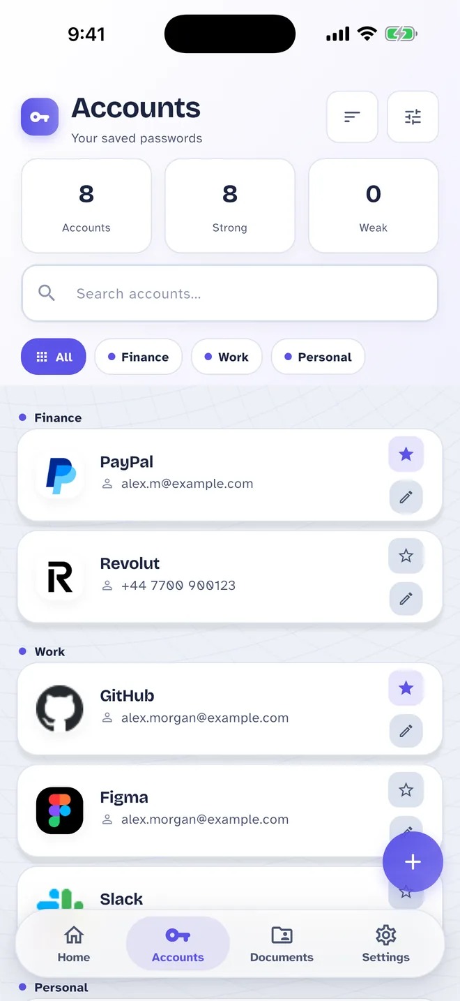 One Pass Accounts screen: Every login, grouped by category and searchable