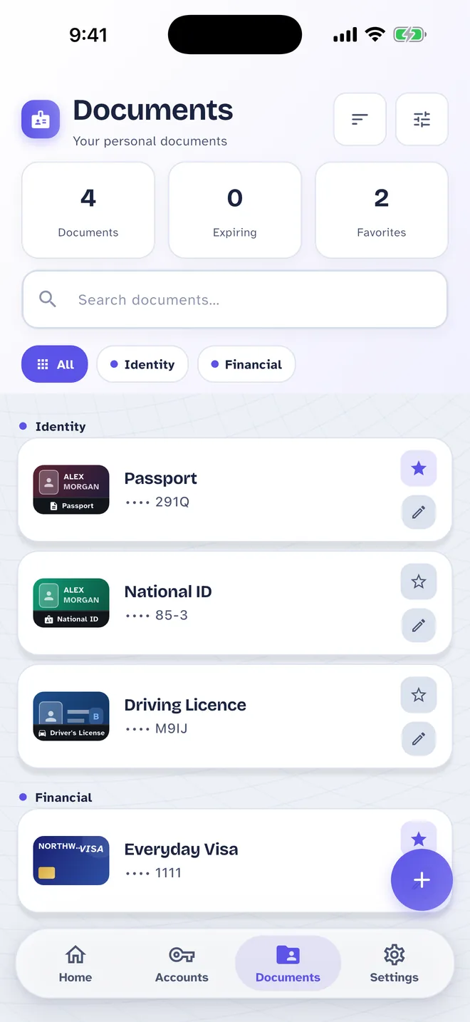 One Pass Documents screen: Identity and financial documents, sorted and searchable