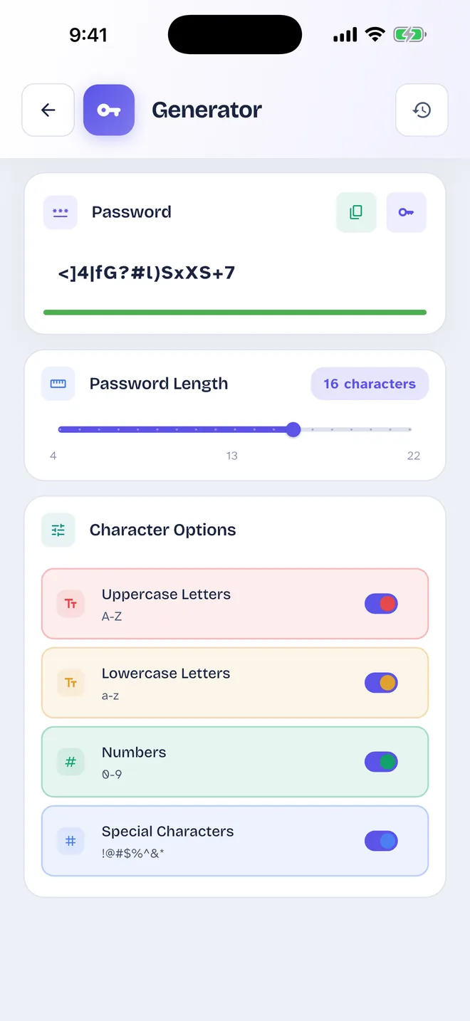 One Pass Generator screen: Choose the length (4–22) and the characters to use