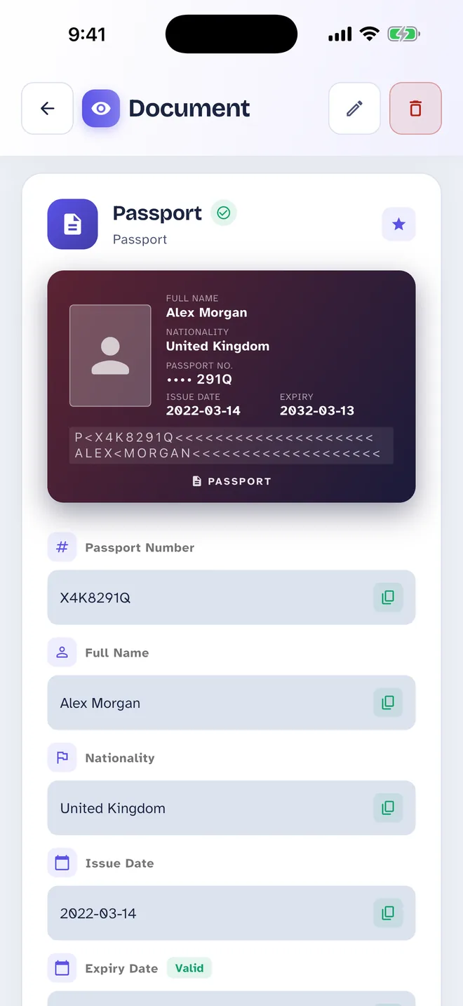One Pass Passport screen: Drawn like the real one, with every field ready to copy