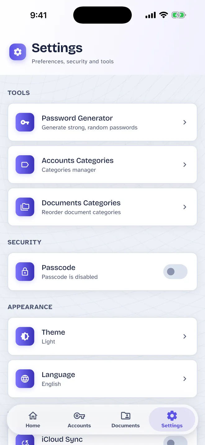 One Pass Settings screen: Passcode, theme, language and your tools